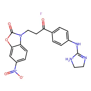 3-[3-[4-(4,5-dihydro-1H-imidazol-1-ium-2-ylamino)phenyl]-3-oxopropyl]-6-nitro-1,3-benzoxazol-2-one iodide structure