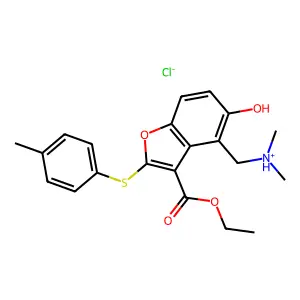 [3-ethoxycarbonyl-5-hydroxy-2-(4-methylphenyl)sulfanyl-1-benzofuran-4-yl]methyl-dimethylazanium chloride structure
