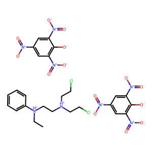 bis(2-chloroethyl)-[2-[ethyl(phenyl)azaniumyl]ethyl]azaniumbis(2,4,6-trinitrophenolate) structure