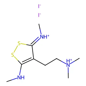 dimethyl-[2-[3-(methylamino)-5-methylazaniumylidenedithiol-4-yl]ethyl]azanium diiodide structure