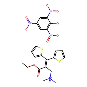 (2-ethoxycarbonyl-3,3-dithiophen-2-ylprop-2-enyl)-dimethylazanium2,4,6-trinitrophenolate structure