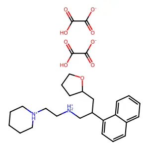 bis(2-hydroxy-2-oxoacetate)[2-naphthalen-1-yl-3-(oxolan-2-yl)propyl]-(2-piperidin-1-ium-1-ylethyl)azanium structure