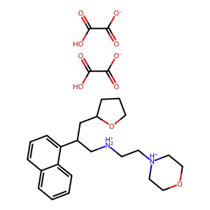 bis(2-hydroxy-2-oxoacetate)2-morpholin-4-ium-4-ylethyl-[2-naphthalen-1-yl-3-(oxolan-2-yl)propyl]azanium structure