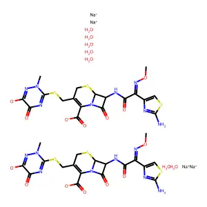 Disodium(6R,7R)-7-[[2-(2-amino-1,3-thiazol-4-yl)-2-methoxyiminoacetyl]amino]-3-[(2-methyl-6-oxido-5-oxo-1,2,4-triazin-3-yl)sulfanylmethyl]-8-oxo-5-thia-1-azabicyclo[4.2.0]oct-2-ene-2-carboxylate structure