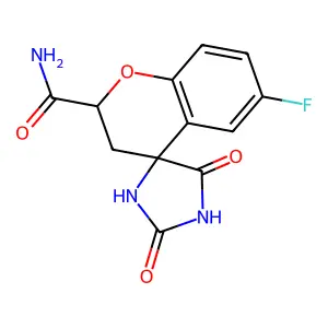 6-fluoro-2',5'-dioxospiro[2,3-dihydrochromene-4,4'-imidazolidine]-2-carboxamide structure