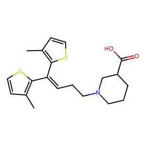 1-[4,4-bis(3-methylthiophen-2-yl)but-3-enyl]piperidine-3-carboxylic acid structure