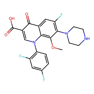 1-(2,4-difluorophenyl)-6-fluoro-8-methoxy-4-oxo-7-piperazin-1-ylquinoline-3-carboxylic acid structure