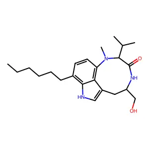 (10S,13S)-5-hexyl-13-(hydroxymethyl)-9-methyl-10-propan-2-yl-3,9,12-triazatricyclo[6.6.1.04,15]pentadeca-1,4,6,8(15)-tetraen-11-one structure