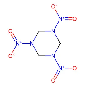 Cyclotrimethylenetrinitramine, wetted or cyclonite, wetted or hexogen, wetted or RDX, wetted with not <15% water by mass [UN0072]  [Explosive 1.1D] structure