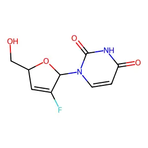 1-[(2R,5S)-3-fluoro-5-(hydroxymethyl)-2,5-dihydrofuran-2-yl]pyrimidine-2,4-dione structure