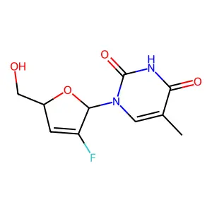 1-[(2R,5S)-3-fluoro-5-(hydroxymethyl)-2,5-dihydrofuran-2-yl]-5-methylpyrimidine-2,4-dione structure