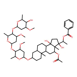 1-[12-acetyloxy-14,17-dihydroxy-3-[5-[5-(5-hydroxy-4-methoxy-6-methyloxan-2-yl)oxy-4-methoxy-6-methyloxan-2-yl]oxy-4-methoxy-6-methyloxan-2-yl]oxy-10,13-dimethyl-2,3,4,5,6,7,8,9,11,12,15,16-dodecahydro-1H-cyclopenta[a]phenanthren-17-yl]ethyl benzoate structure