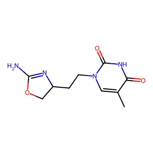 1-[2-[(4R)-2-amino-4,5-dihydro-1,3-oxazol-4-yl]ethyl]-5-methylpyrimidine-2,4-dione structure