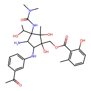 [(3R,5S)-5-(3-acetylanilino)-4-amino-3-(dimethylcarbamoylamino)-1,2-dihydroxy-3-[(1S)-1-hydroxyethyl]-2-methylcyclopentyl]methyl 2-hydroxy-6-methylbenzoate structure