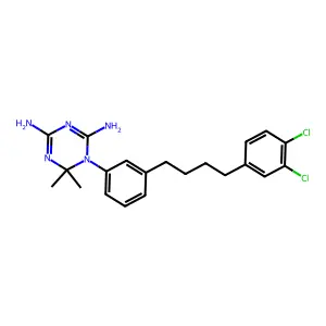 1-[3-[4-(3,4-dichlorophenyl)butyl]phenyl]-6,6-dimethyl-1,3,5-triazine-2,4-diamine structure