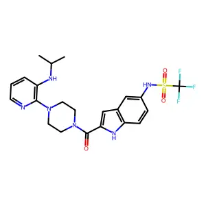 1,1,1-trifluoro-N-[2-[4-[3-(propan-2-ylamino)-2-pyridinyl]piperazine-1-carbonyl]-1H-indol-5-yl]methanesulfonamide structure