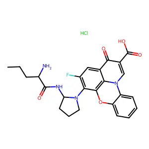10-[2-(2-aminopentanoylamino)pyrrolidin-1-yl]-11-fluoro-14-oxo-8-oxa-1-azatetracyclo[7.7.1.02,7.013,17]heptadeca-2,4,6,9(17),10,12,15-heptaene-15-carboxylic acid;hydrochloride structure