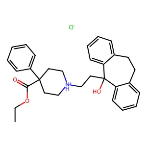 ethyl 1-[2-(2-hydroxy-2-tricyclo[9.4.0.03,8]pentadeca-1(15),3,5,7,11,13-hexaenyl)ethyl]-4-phenylpiperidin-1-ium-4-carboxylate chloride structure