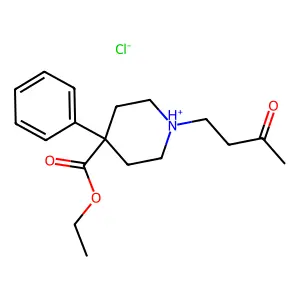 ethyl 1-(3-oxobutyl)-4-phenylpiperidin-1-ium-4-carboxylate chloride structure