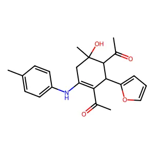 1-[3-acetyl-2-(furan-2-yl)-6-hydroxy-6-methyl-4-(4-methylanilino)cyclohex-3-en-1-yl]ethanone structure