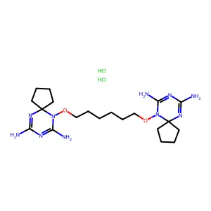 10-[6-[(7,9-diamino-6,8,10-triazaspiro[4.5]deca-6,8-dien-10-yl)oxy]hexoxy]-6,8,10-triazaspiro[4.5]deca-6,8-diene-7,9-diamine;dihydrochloride structure