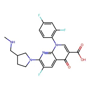 1-(2,4-difluorophenyl)-6-fluoro-7-[3-(methylaminomethyl)pyrrolidin-1-yl]-4-oxo-1,8-naphthyridine-3-carboxylic acid structure