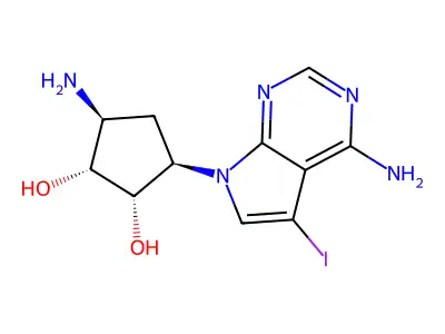 AC1L1CLW|CTK7D5624|CID1958|CID 1958|A134974|3-amino-5-(4-amino-5-iodo-7h-pyrrolo[2,3-d]pyrimidin-7-yl)cyclopentane-1,2-diol|3-amino-5-(4-amino-5-iodopyrrolo[2,3-d]pyrimidin-7-yl)cyclopentane-1,2-diol| structure