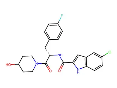 5-chloro-N-[3-(4-fluorophenyl)-1-(4-hydroxypiperidin-1-yl)-1-oxopropan-2-yl]-1H-indole-2-carboxamide structure