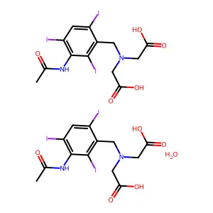 bis(2-[(3-acetamido-2,4,6-triiodophenyl)methyl-(carboxymethyl)amino]acetic acid)hydrate structure