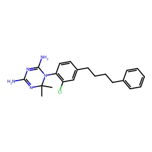 1-[2-chloro-4-(4-phenylbutyl)phenyl]-6,6-dimethyl-1,3,5-triazine-2,4-diamine structure