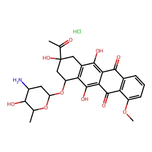 (7S,9S)-9-acetyl-7-[(2R,4S,5S,6S)-4-amino-5-hydroxy-6-methyloxan-2-yl]oxy-6,9,11-trihydroxy-4-methoxy-8,10-dihydro-7H-tetracene-5,12-dionehydrochloride structure