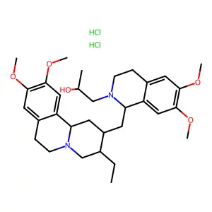 1-[(1R)-1-[[(2R,3R,11bS)-3-ethyl-9,10-dimethoxy-2,3,4,6,7,11b-hexahydro-1H-benzo[a]quinolizin-2-yl]methyl]-6,7-dimethoxy-3,4-dihydro-1H-isoquinolin-2-yl]propan-2-ol;dihydrochloride structure