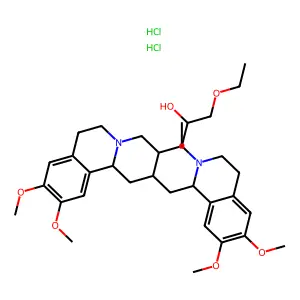 1-[(1R)-1-[[(2R,3R,11bS)-3-ethyl-9,10-dimethoxy-2,3,4,6,7,11b-hexahydro-1H-benzo[a]quinolizin-2-yl]methyl]-6,7-dimethoxy-3,4-dihydro-1H-isoquinolin-2-yl]-3-ethoxypropan-2-ol;dihydrochloride structure