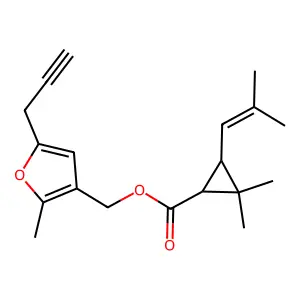 (2-methyl-5-prop-2-ynylfuran-3-yl)methyl 2,2-dimethyl-3-(2-methylprop-1-enyl)cyclopropane-1-carboxylate structure