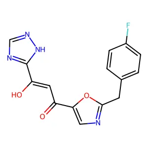 1-[2-[(4-fluorophenyl)methyl]-1,3-oxazol-5-yl]-3-hydroxy-3-(1H-1,2,4-triazol-5-yl)prop-2-en-1-one structure