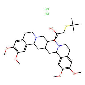 1-[(1R)-1-[[(2R,3R,11bS)-3-ethyl-9,10-dimethoxy-2,3,4,6,7,11b-hexahydro-1H-benzo[a]quinolizin-2-yl]methyl]-6,7-dimethoxy-3,4-dihydro-1H-isoquinolin-2-yl]-3-tert-butylsulfanylpropan-2-ol;dihydrochloride structure