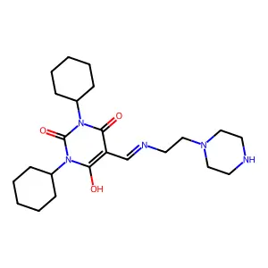 1,3-dicyclohexyl-6-hydroxy-5-(2-piperazin-1-ylethyliminomethyl)pyrimidine-2,4-dione structure