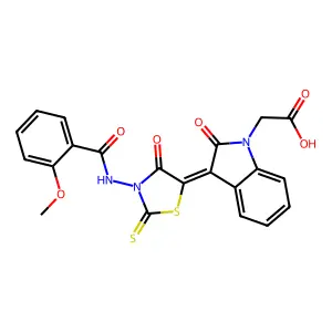 ((3Z)-3-{3-[(2-methoxybenzoyl)amino]-4-oxo-2-thioxo-1,3-thiazolidin-5-ylidene}-2-oxo-2,3-dihydro-1H-indol-1-yl)acetic acid structure