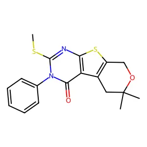 12,12-dimethyl-5-methylsulfanyl-4-phenyl-11-oxa-8-thia-4,6-diazatricyclo[7.4.0.02,7]trideca-1(9),2(7),5-trien-3-one structure