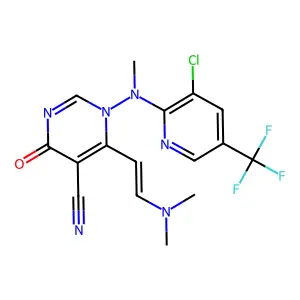 1-[[3-chloro-5-(trifluoromethyl)pyridin-2-yl]-methylamino]-6-[(E)-2-(dimethylamino)ethenyl]-4-oxopyrimidine-5-carbonitrile structure