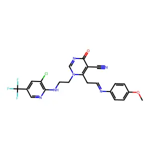 1-[2-[[3-chloro-5-(trifluoromethyl)-2-pyridinyl]amino]ethyl]-6-[2-(4-methoxyphenyl)iminoethyl]-4-oxopyrimidine-5-carbonitrile structure
