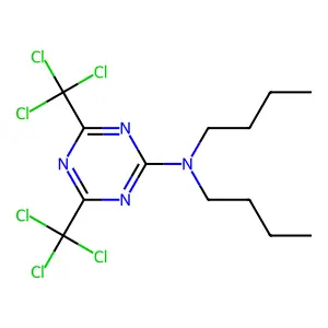 N,N-dibutyl-4,6-bis(trichloromethyl)-1,3,5-triazin-2-amine structure