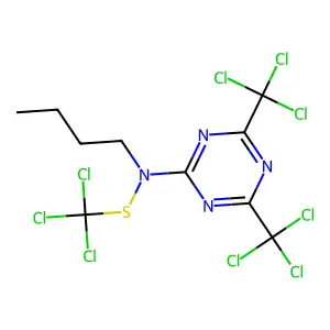 N-butyl-4,6-bis(trichloromethyl)-N-(trichloromethylsulfanyl)-1,3,5-triazin-2-amine structure