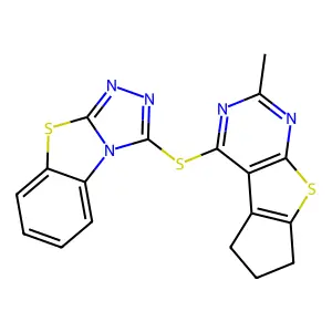 1-[(10-methyl-7-thia-9,11-diazatricyclo[6.4.0.02,6]dodeca-1(8),2(6),9,11-tetraen-12-yl)sulfanyl]-[1,2,4]triazolo[3,4-b][1,3]benzothiazole structure