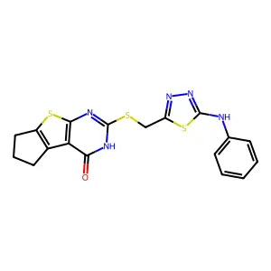 10-[(5-anilino-1,3,4-thiadiazol-2-yl)methylsulfanyl]-7-thia-9,11-diazatricyclo[6.4.0.02,6]dodeca-1(8),2(6),9-trien-12-one structure