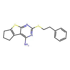 10-(2-phenylethylsulfanyl)-7-thia-9,11-diazatricyclo[6.4.0.02,6]dodeca-1(12),2(6),8,10-tetraen-12-amine structure