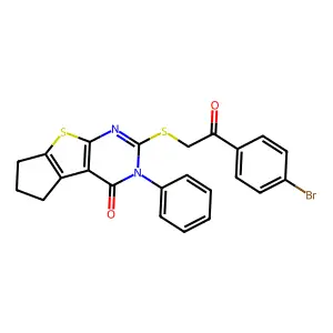 10-[2-(4-bromophenyl)-2-oxoethyl]sulfanyl-11-phenyl-7-thia-9,11-diazatricyclo[6.4.0.02,6]dodeca-1(8),2(6),9-trien-12-one structure