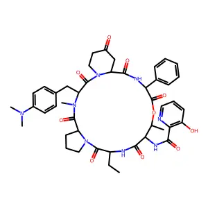 N-[3-[[4-(dimethylamino)phenyl]methyl]-12-ethyl-4,16-dimethyl-2,5,11,14,18,21,24-heptaoxo-19-phenyl-17-oxa-1,4,10,13,20-pentazatricyclo[20.4.0.06,10]hexacosan-15-yl]-3-hydroxypyridine-2-carboxamide structure
