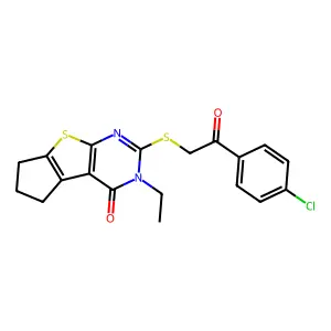 10-[2-(4-chlorophenyl)-2-oxoethyl]sulfanyl-11-ethyl-7-thia-9,11-diazatricyclo[6.4.0.02,6]dodeca-1(8),2(6),9-trien-12-one structure