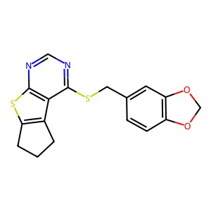 12-(1,3-benzodioxol-5-ylmethylsulfanyl)-7-thia-9,11-diazatricyclo[6.4.0.02,6]dodeca-1(8),2(6),9,11-tetraene structure